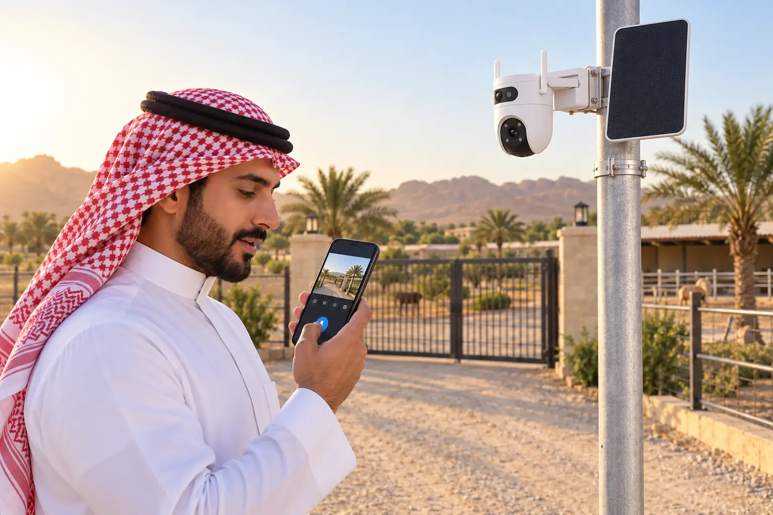 رجل سعودي يتحدث عبر الجوال ويتحكم في كاميرا مزدوجة العدسة مركبة بجوار لوح شمسي